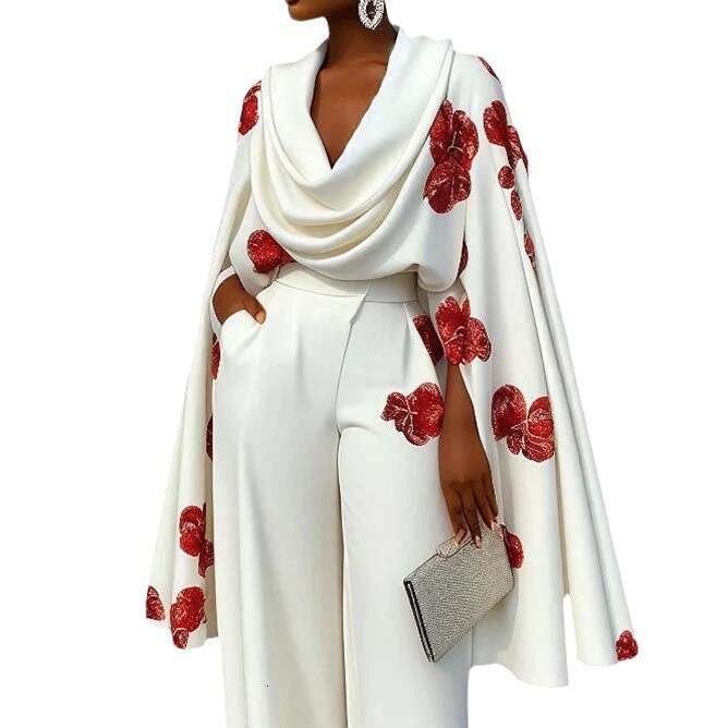 European And American Women S Fashion New Product Printed Pile Collar Sleeve Two Piece Long Pants Set