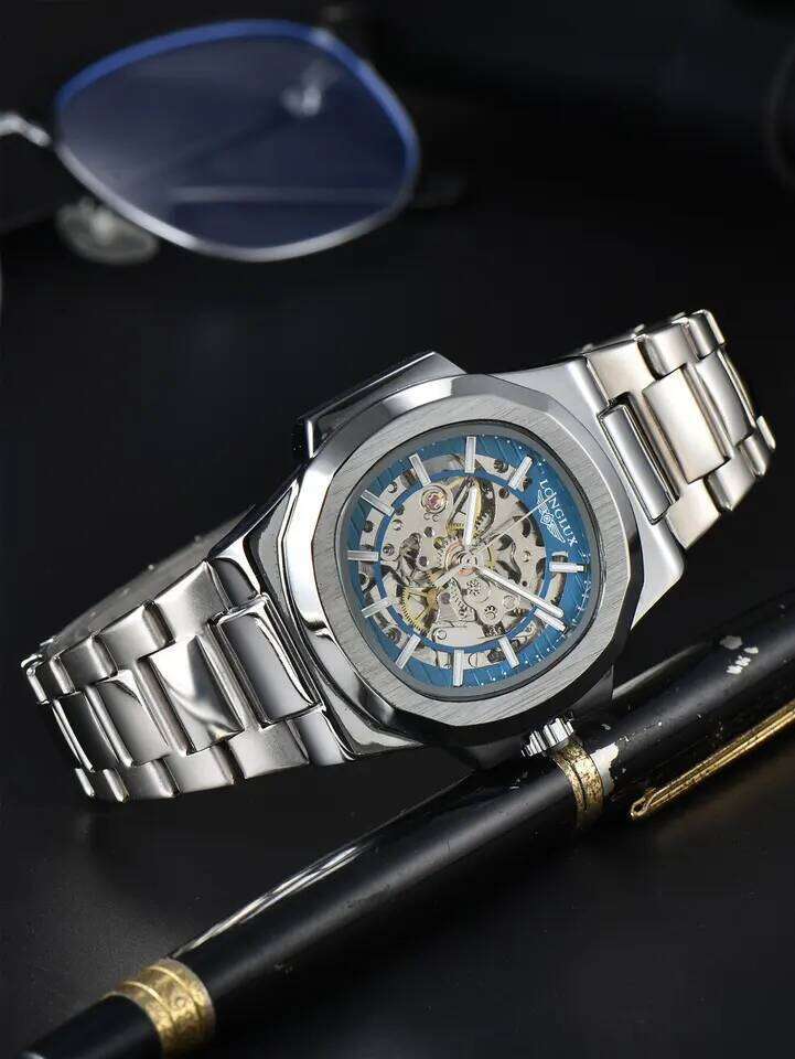 LONGLUX Men automatic mechanical luxury watches waterproof skeleton business cheap wholesale stainless steel gift watch