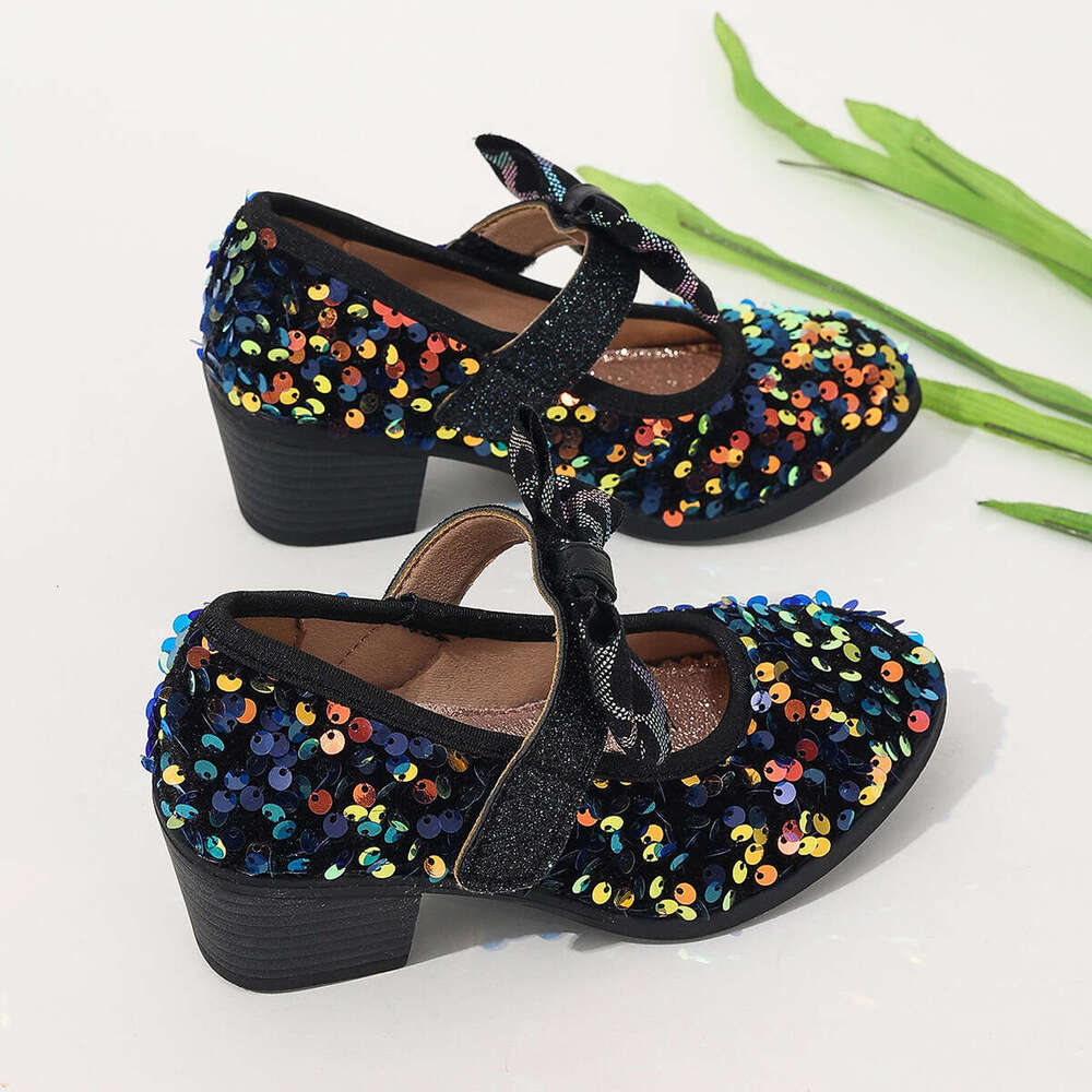 Black sequin fashion girls' high-heeled with Velcro, comfortable bowknot single shoes, princess children's elegant evening shoes 8158