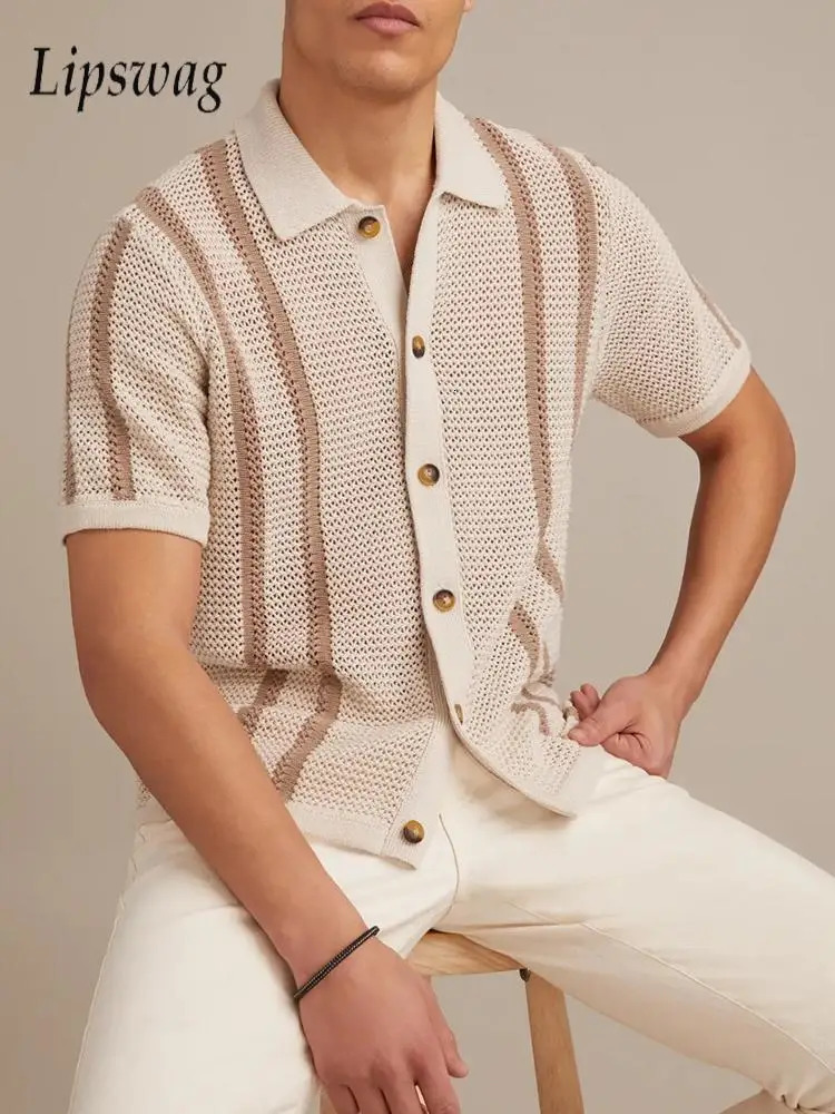 Vintage Striped Knitted Shirts Men Casual Short Sleeve Buttoned Lapel Cardigan Tops 2026 Spring Summer Stylish Knitting Shirt 260311