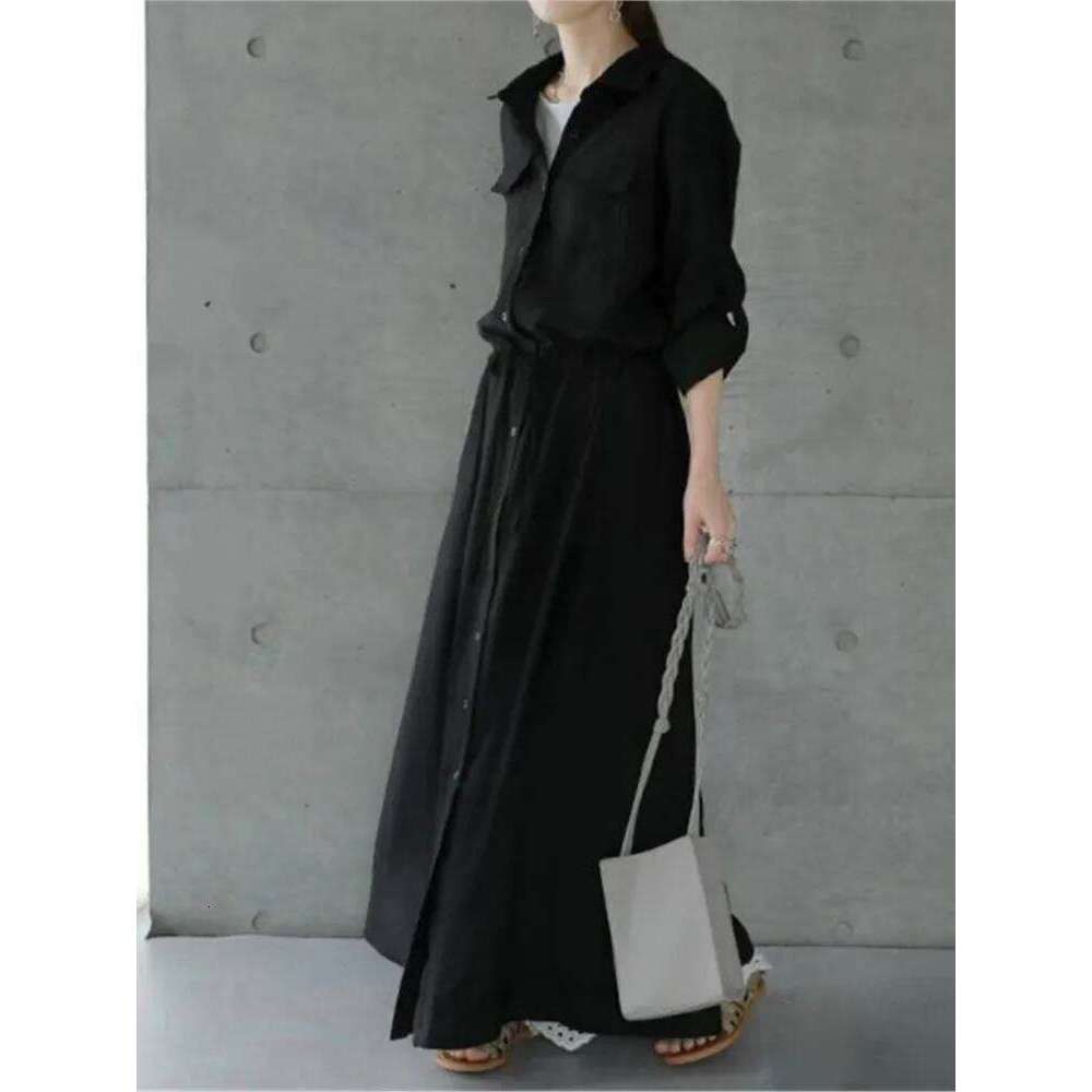 Solid Color Shirts Dresses Women Fashion Casual Lapel Long Sleeve Drawstring Elastic Waist Dress Female Commuting Clothing C260312