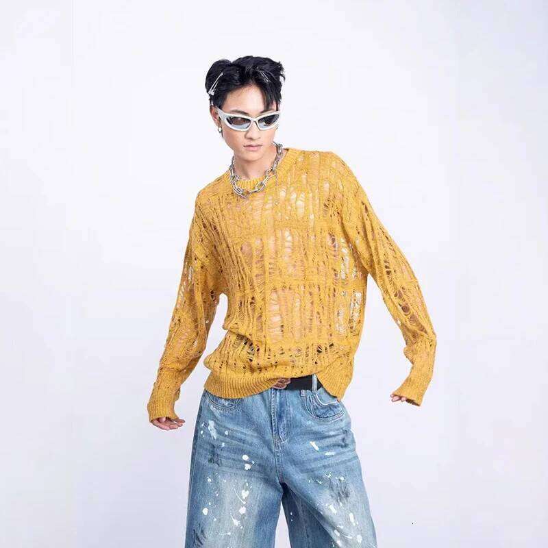 Vintage Ripped Hollow Out Mesh Knit Sweater Men Autumn Streetwear Fashion Crew Neck Long Sleeve Knitted T Shirt Mens Clothing