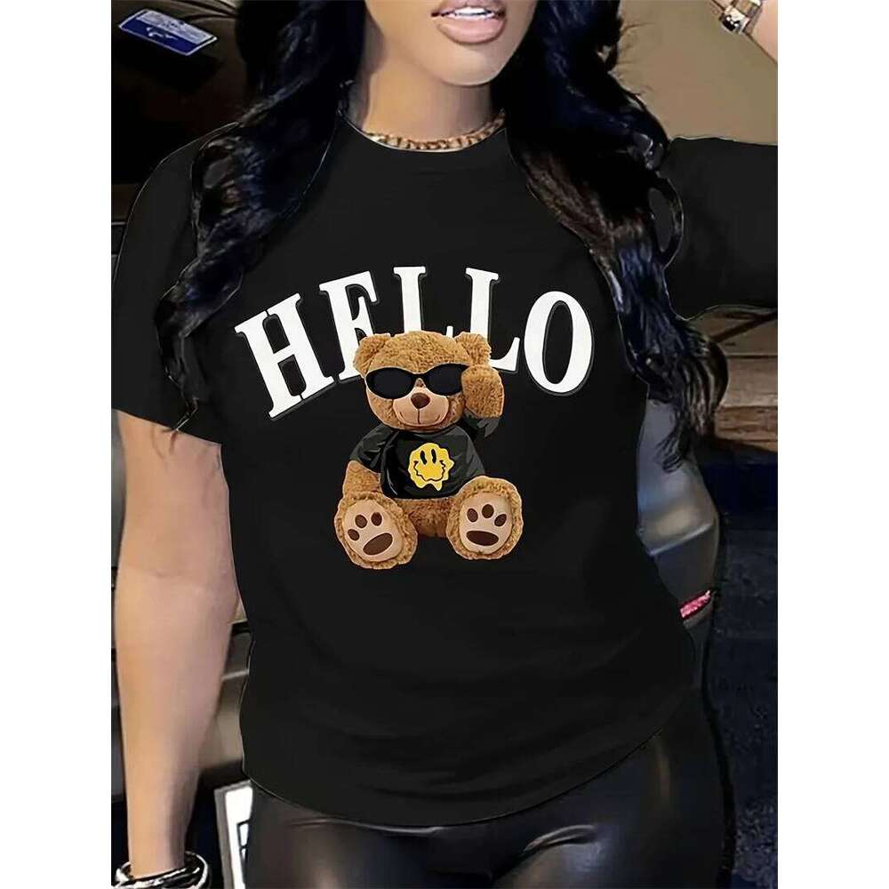 Cartoon Bear Print T-Shirt, Casual Crew Neck Short Sleeve Top For Spring & Summer, Women's Clothing t shirt Z260312
