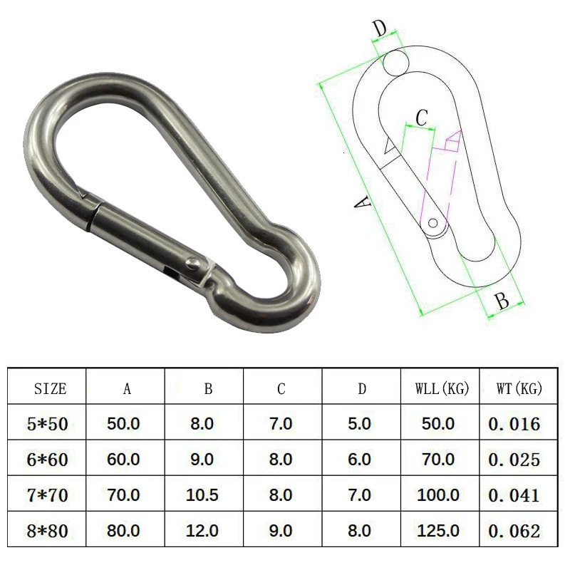 Carabiner Hook Marine Stainless Steel 50mm 60mm 70mm 80mm Length Large Heavy Duty Stainles 260228