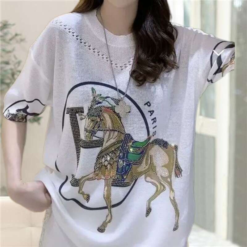 Thin Summer Heavy-Duty European-Style Rhinestone-Embellished White Printed Knitted Pullover Short-Sleeve Top Asia Size