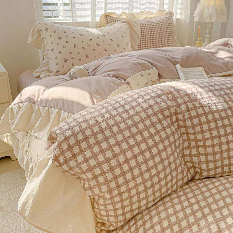 3pcs Korean lace Duvet 1*Duvet Cover + 2*Pillowcase, Without Core, Pink checkered print Bedding Set H260312