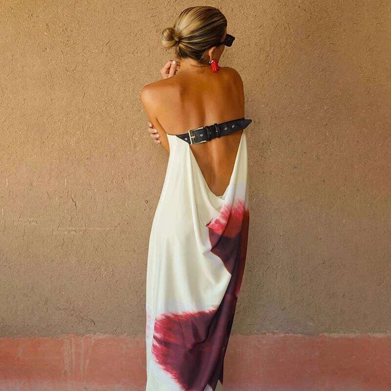 CUTENOVA Sexy Strapless Print Floral Belt Women Maixi Dress Yellow Backless High Waist Dresses Summer Holiday Elegant Beachwear C260311