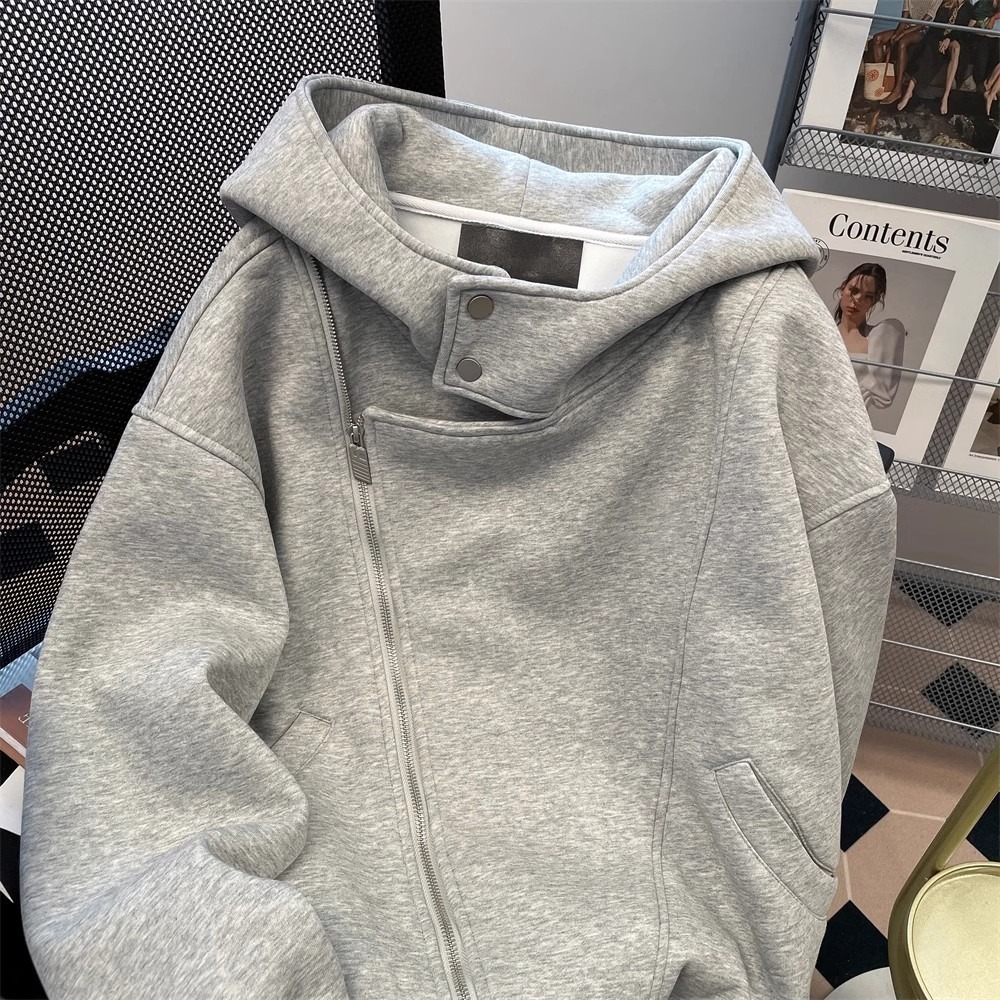 Double-zipper Hooded Sweatshirt For Men And Women Spring And Autumn Heavy-duty Trendy Brand Gray Thickened Design Designer Hoodie Couple's Jacket