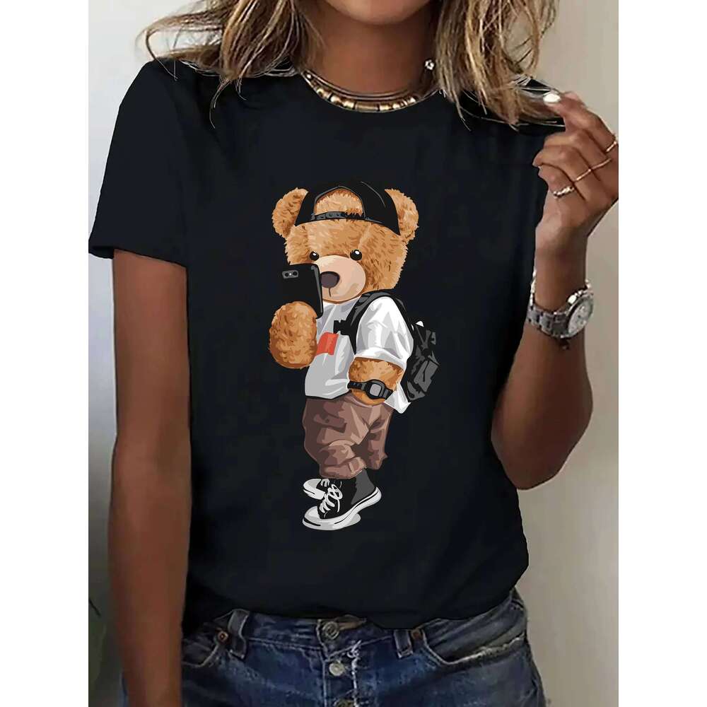 Leisure Comfort Fit Top Women's Activewear Cartoon Bear Pattern Printing Short Sleeve T-shirt Z260312