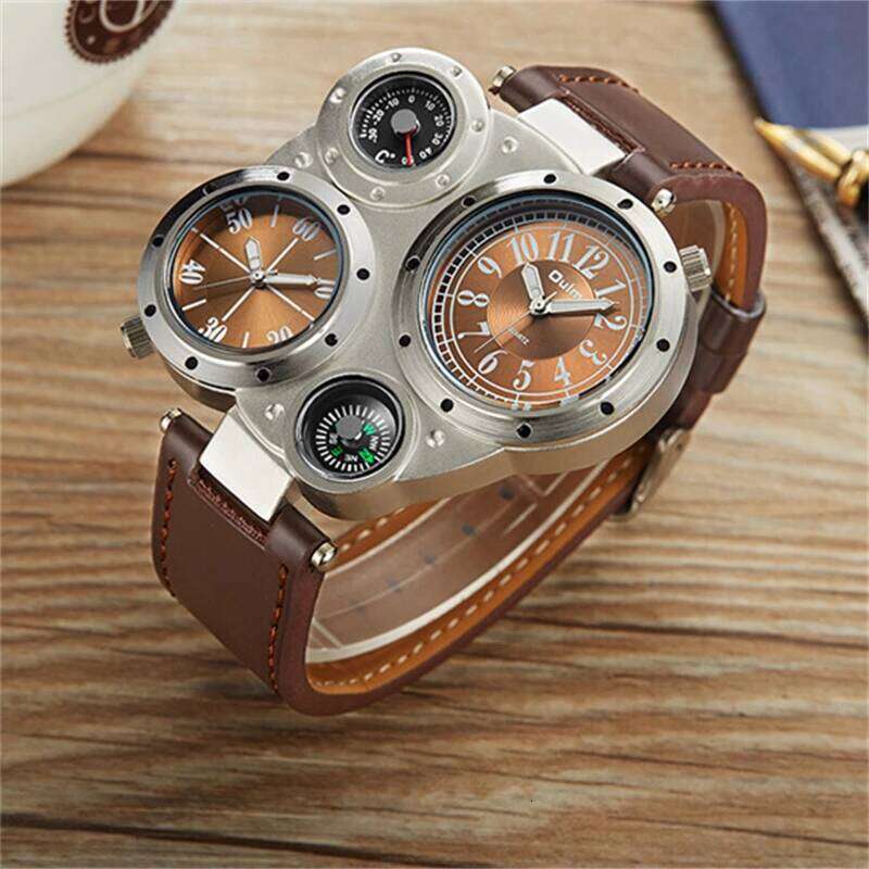 Oulm Fashion Luxury Watch Double Time Zone Large Dial Luminous Leather Strip Men's Quartz Watches relojes para hombre