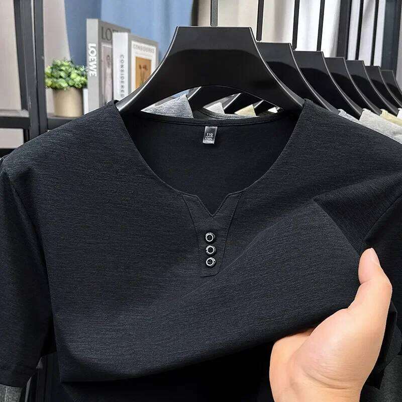 2025 New Men's Business Casual Three Button V-neck Short Sleeved T-shirt Korean Style Summer Comfortable Versatile Top