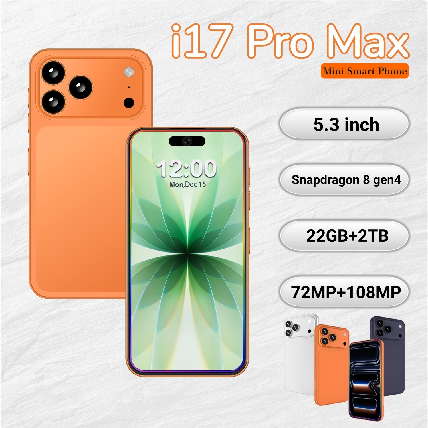 New i17Pro Max Original global version Snapdragon 8 Elite 12core 5G smartphone 5.3-inch incell screen resolution:1440*3040 72MP+108MP battery 8000mAh OTG Fast Charger