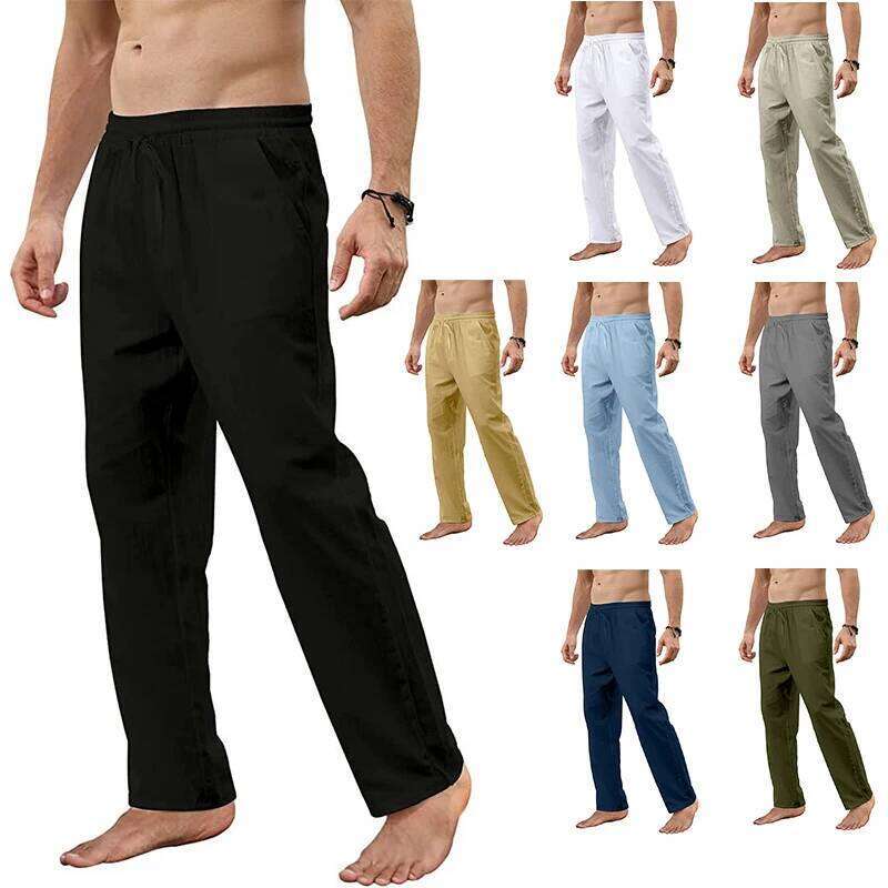 Men's Cotton Linen Loose Breathable Casual Solid Color Long Pants Large Size Streetwear Fitness Lightweight Yoga Trousers