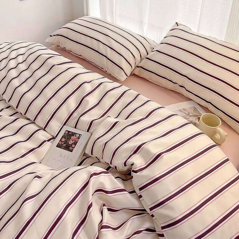 Simple Style Red And Blue Stripe Duvet Cover Bed Flat Sheet Washed Cotton Bedding Set for kids adult H260312