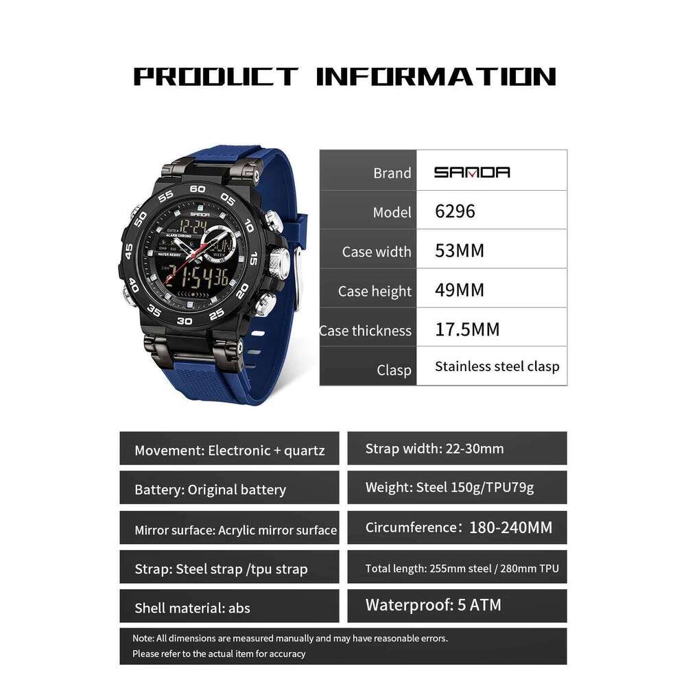 SANDA New 6296 Fashionable Sports Multifunctional Waterproof Large Dial Three Pin Men's Electronic Watch