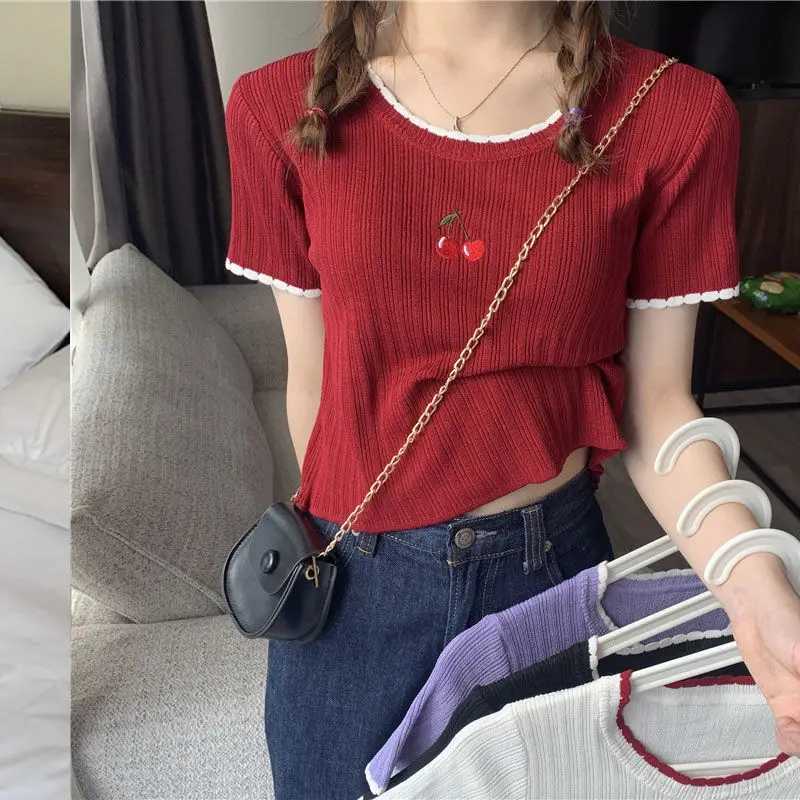 Women Summer Korean Fashion Embroidered Solid Color O-neck Women Clothes All-match Fashionable Slim Appear Thin Short Sleeve TopT260312