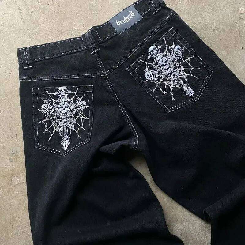 American Gothic Rock Skeleton Bone Letter Pattern Oversized Jeans Men's Y2K Street Hip Hop Harajuku Loose Wide Leg Work Pants 26Y0312