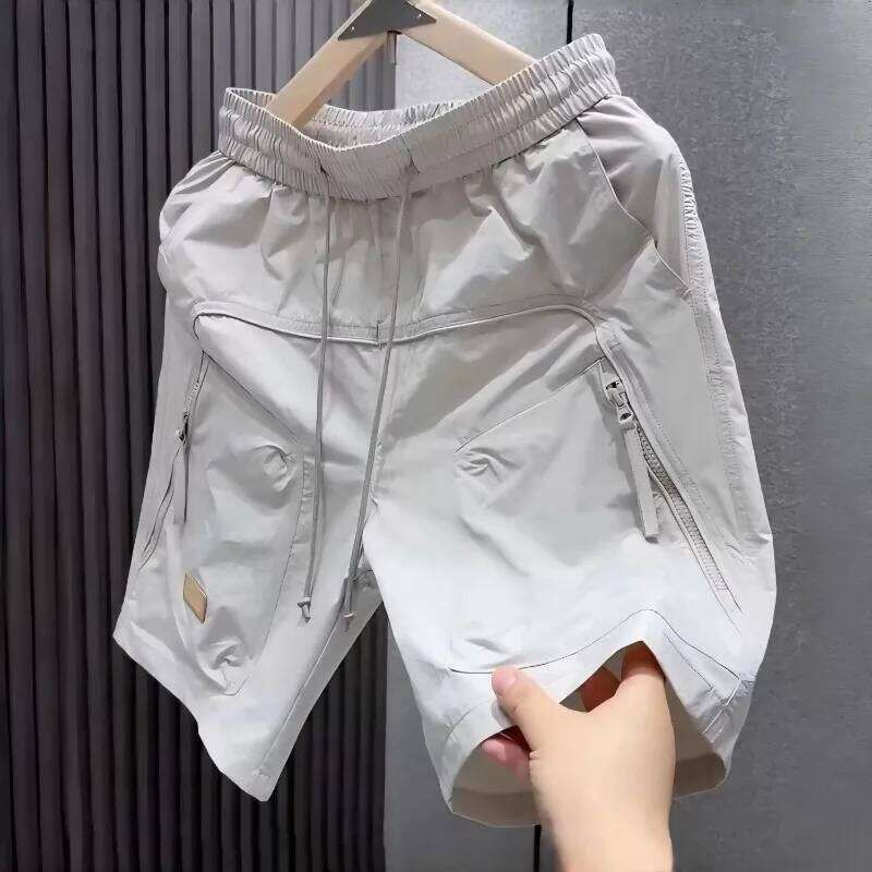 Casual Cargo Men's Multiple Zipper Pockets Loose Straight-Leg Midpants Quick Drying Oversize Elastic Waist Beach Shorts