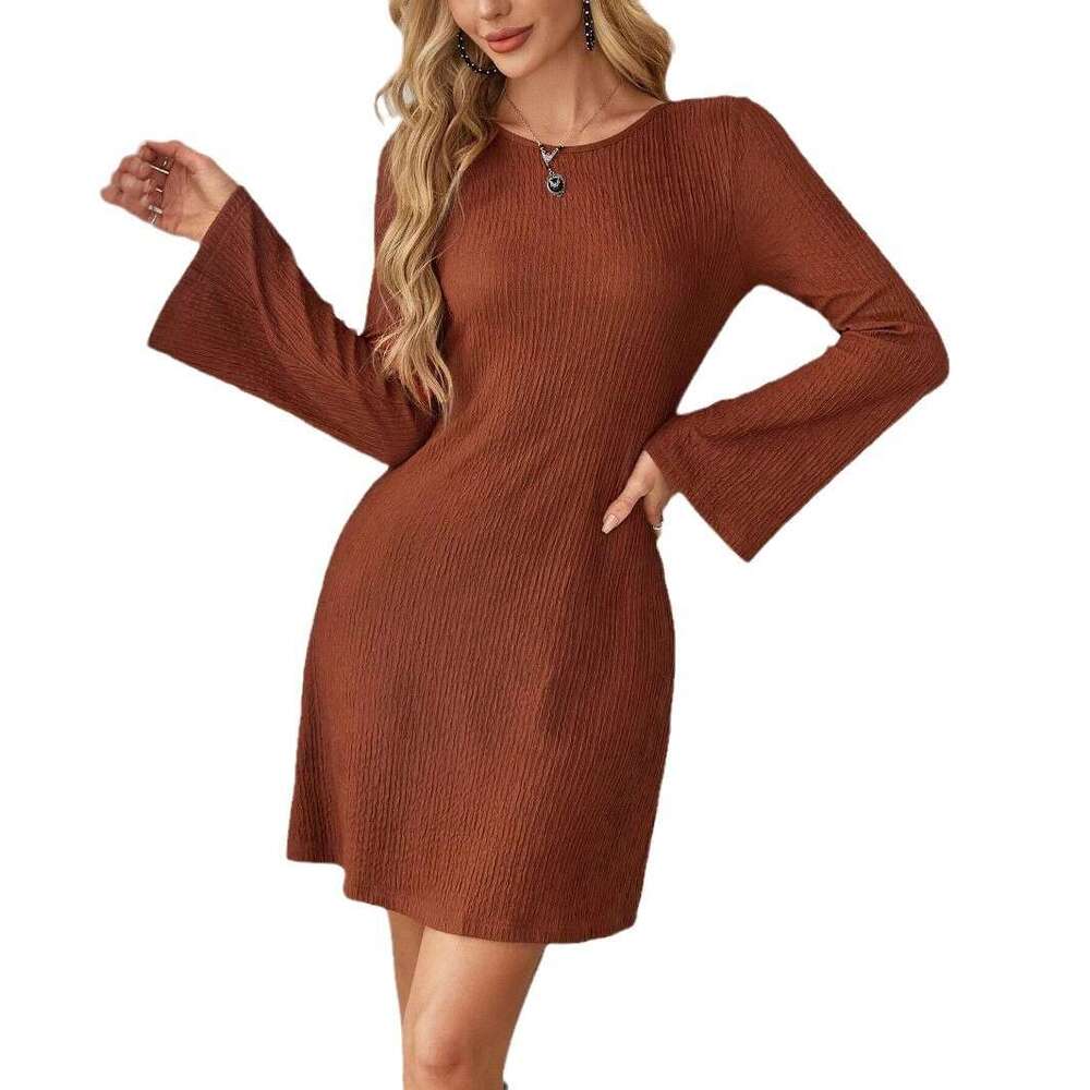European American cross-border 2026 autumn elegant women's brown textured backless dress with bow and bell sleeves