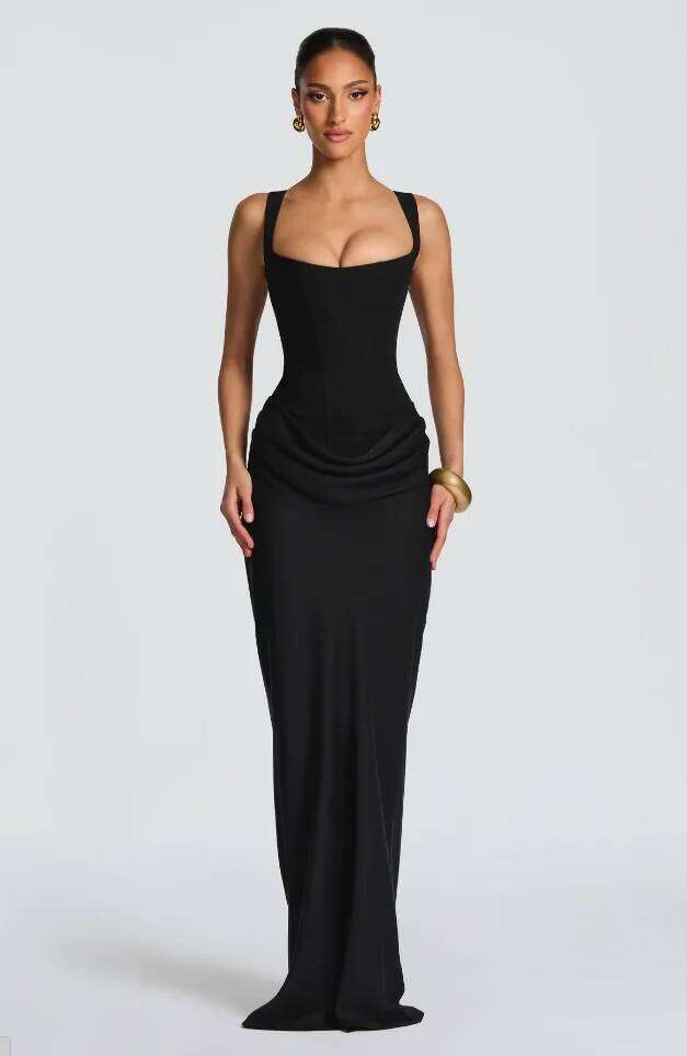 Women Solid Pleated Sling Dress Sexy Square Neck Sleeveless Off-shoulder Waist Cinching Slim Dresses Lady Evening Party Gowns C260312