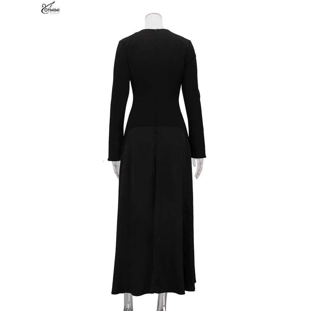 Oymimi Elegant Black O-Neck Womens Fashion Long Sleeve Patchwork Slim Dresses Casual New Straight Ankle-Length Dress C260312