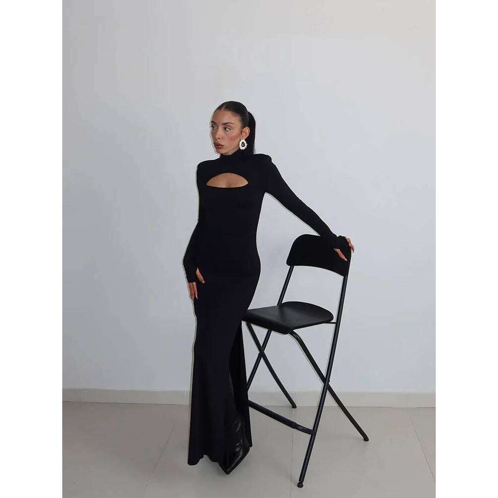 Huhugirl Sexy Sheath Women's Maxi Dresses Solid Turtleneck Regular Long Sleeves Hollow Out Slim Fit Bodycon Party Vestidos Robes C260312