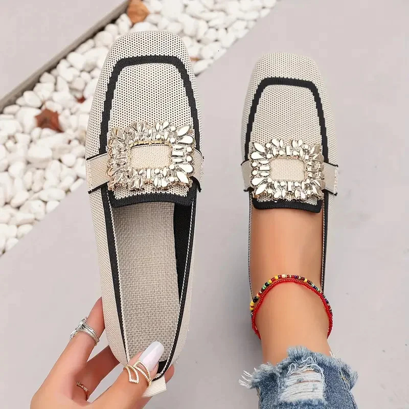Women Flats Spring 2026 Large Size Flat Loafers Shoes Women Knitting Slip-on Square Head Breathable Fashion Shoes for Women 260227