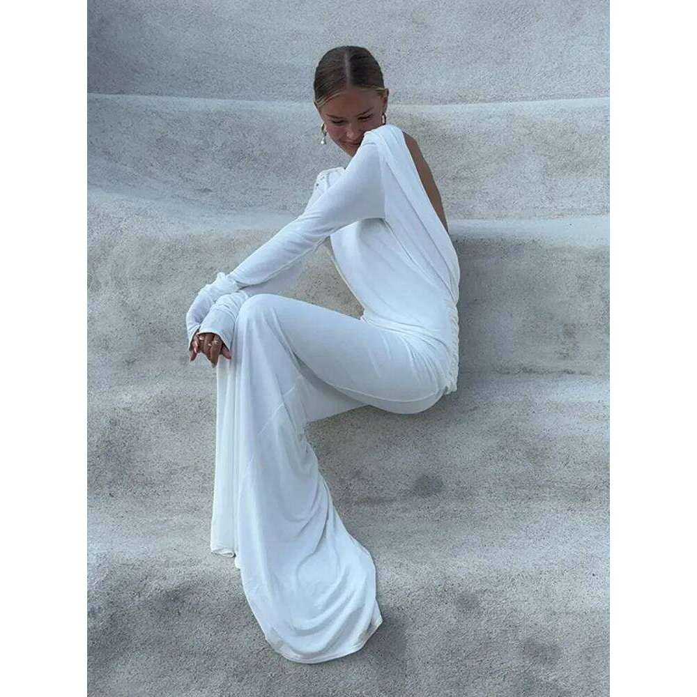 Chic Backless White Sleeved Slim Fit Dress for Women Pleated Elegant Round Neck Long Dresses 2024 New Female Evening Gowns C260311