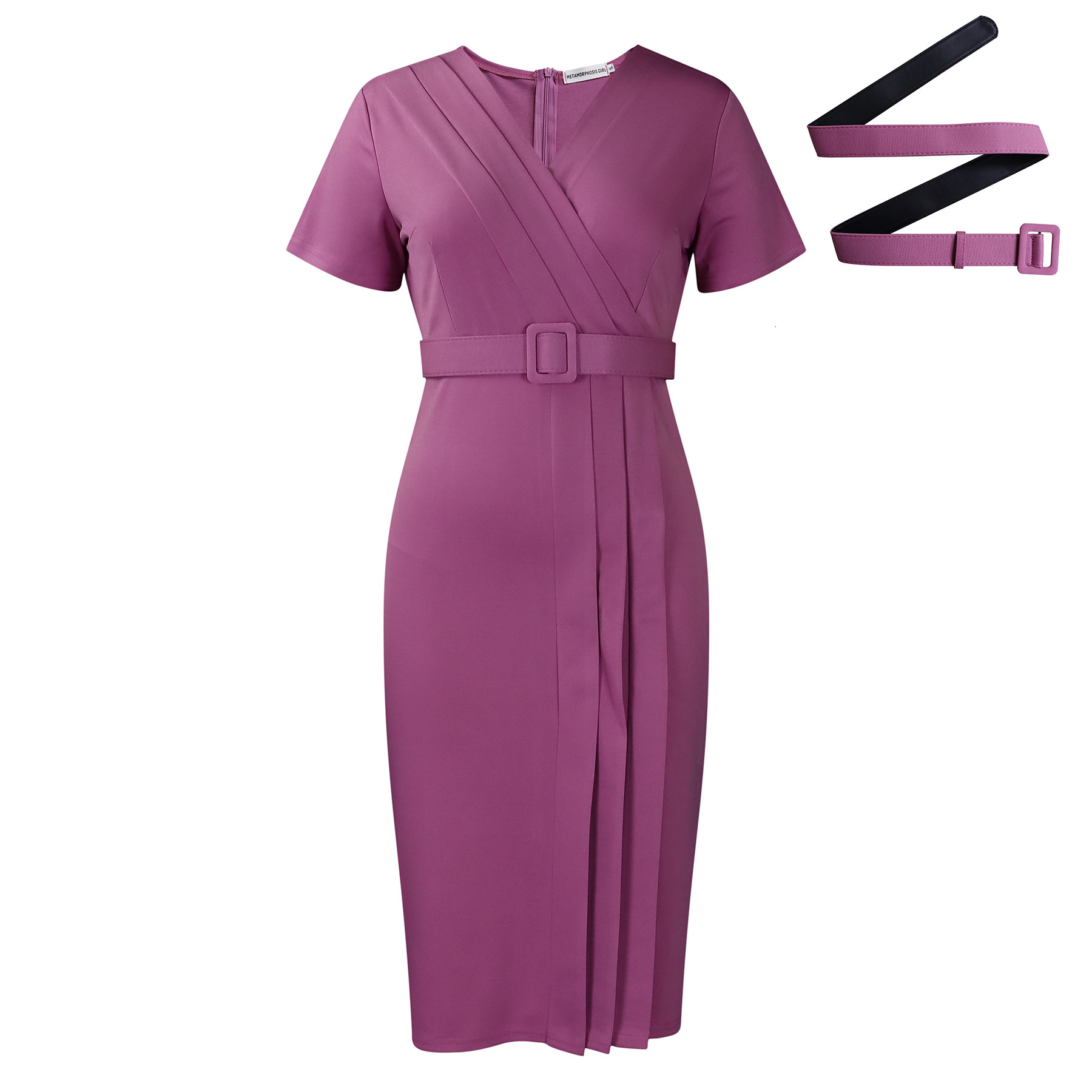 D504 Womens 2024 Summer New Short Sleeve V-neck Waist-cinching Solid Color OL Tongle Pencil Dress