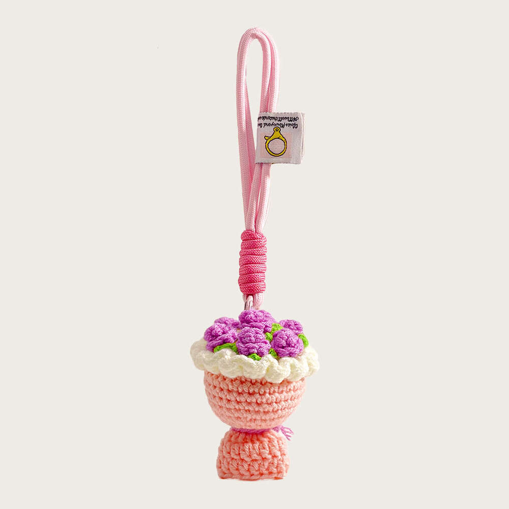 Cute Handmade Crocheted Pink Rose Bag Pendant Knitted Handheld Flower Keychain Valentine's Day Gift