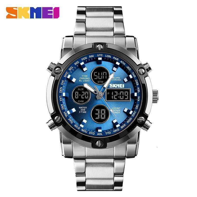SKMEI 1389 Luxury Quartz Watch Men Countdown Steel Strap Clock Business Waterproof Mens Digital Wristwatch 1649 Reloj Masculino