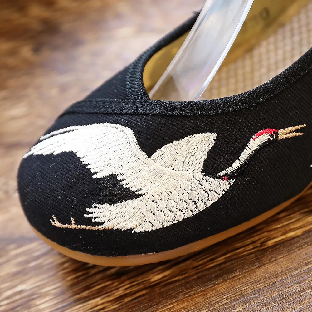 Veowalk Crane Embroidered Women Canvas Lace Strap Ballet Flats Ladies Comfortable Casual Cotton Fabric Shoes 260227