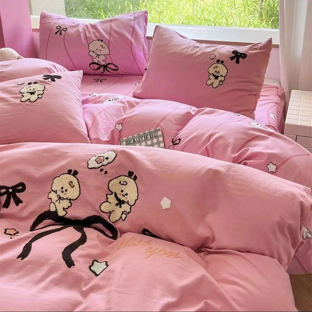 Cartoon Embroidery Bedding Double Sided Printing Duvet Pillowcase Washed Cotton Four-Pieces Set Quilt Cover Bed Sheet H260312
