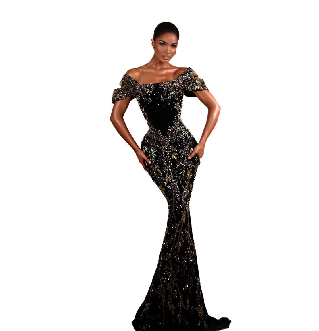Black Sparkling Crystal Evening Dress With 3D Leaf Short Sleeve Mermaid Long Party Gown Customized Luxury Prom Dresses