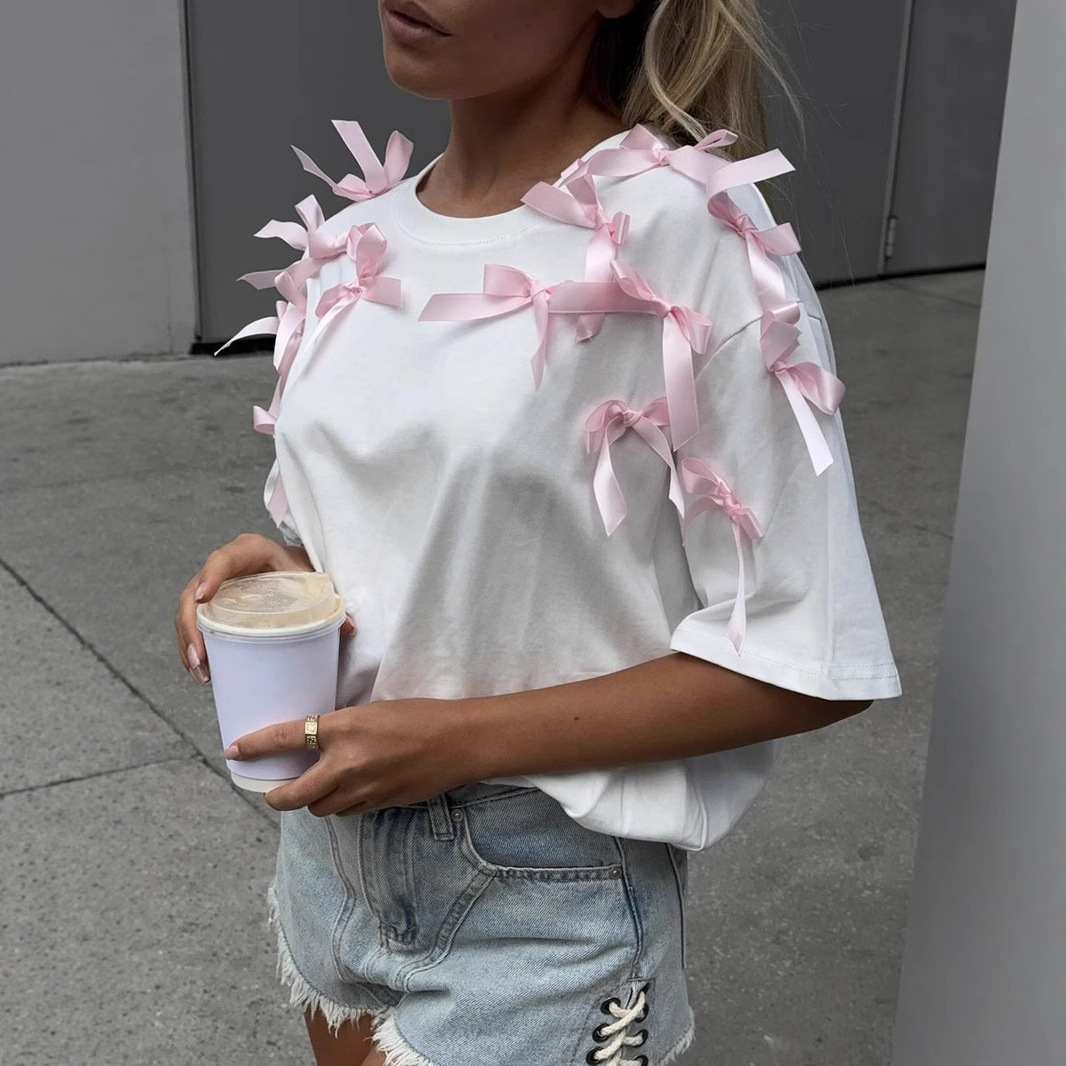 European And American Casual Short-sleeve Wo's T-shirt Trendy Brand Design With Bow Designer Shirt Designer Hoodie Tie Polo Shirt And Patchwork O