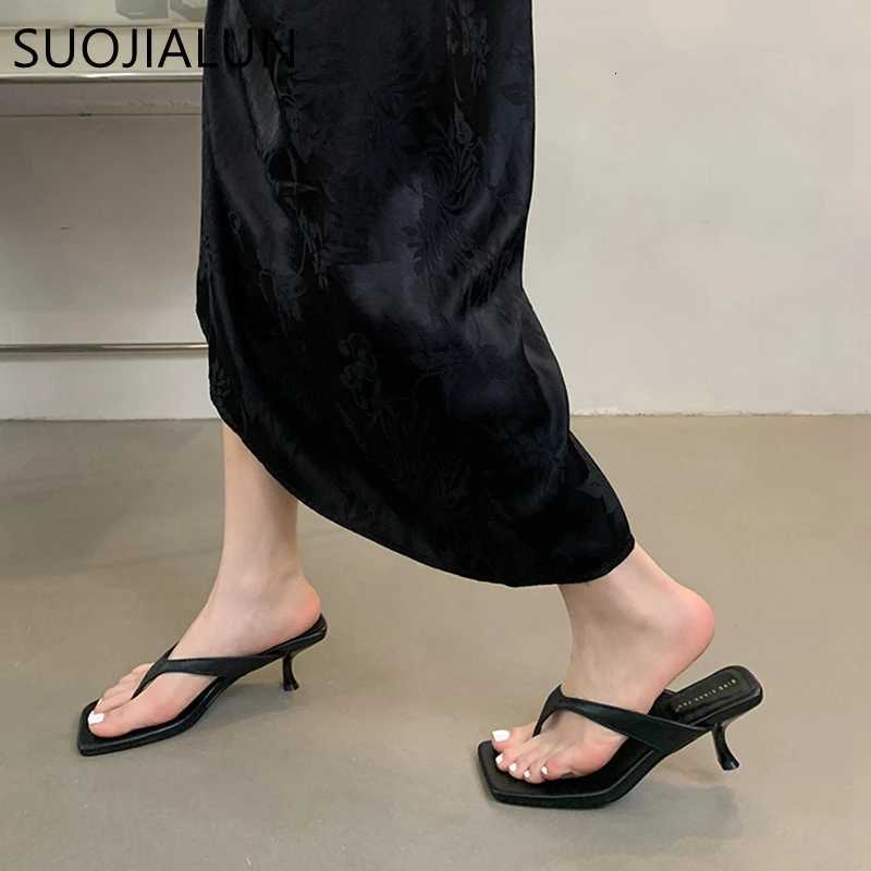 SUOJIALUN 2024 Summer New Women Slipper Fashion Narrow Band Ladies Thin High Heel Outdoor Dress Sandal Elegant Dress Flip Flops K260312