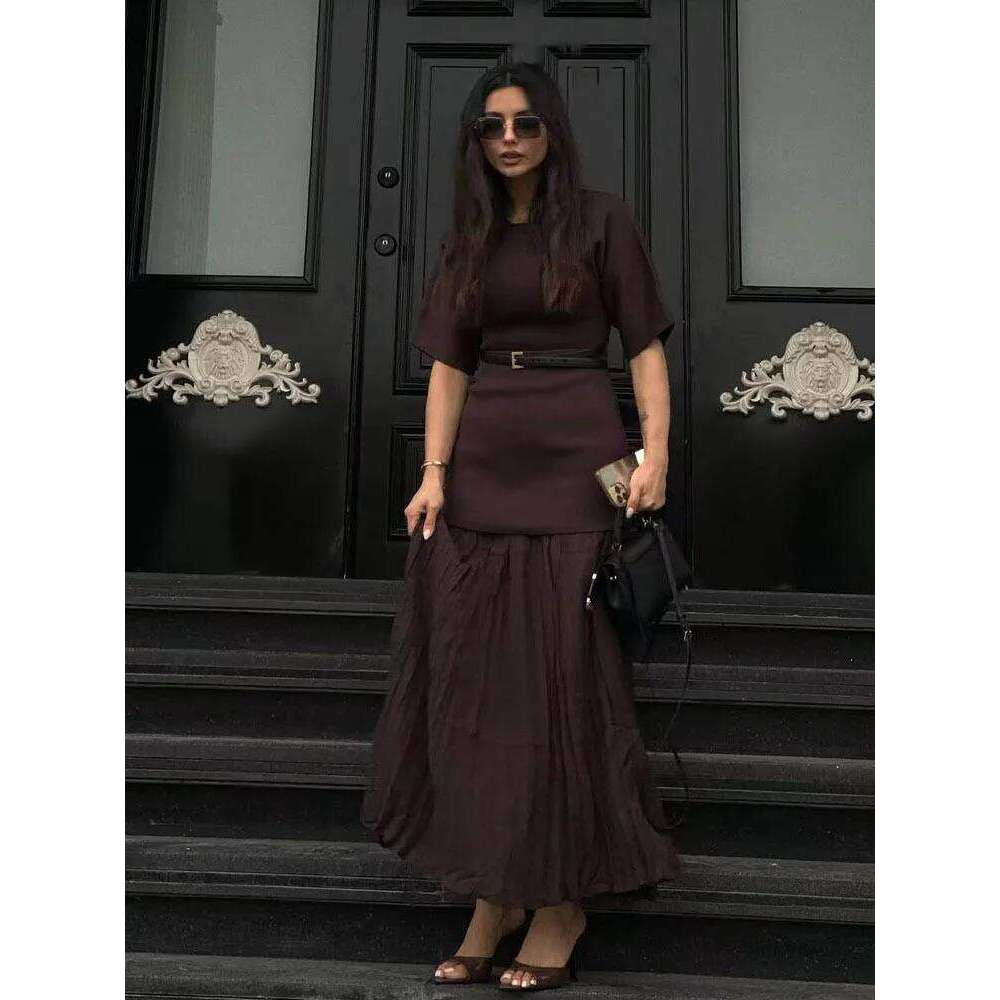 HH Women Elegant Half Sleeves O-Collar Pleated Spring Woman Rear Zipper Splicing Vintage Casual Knitted Long Dress C260312