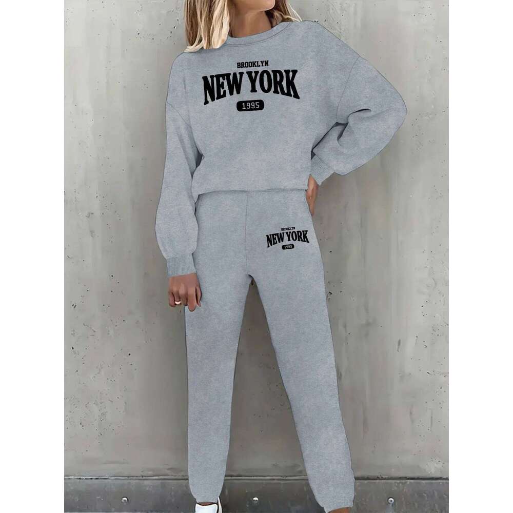 New York Print Two piece Set Kangaroo Women's Casual Fashion Round Neck Solid Color Long Sleeves Sweatshirt, C260312