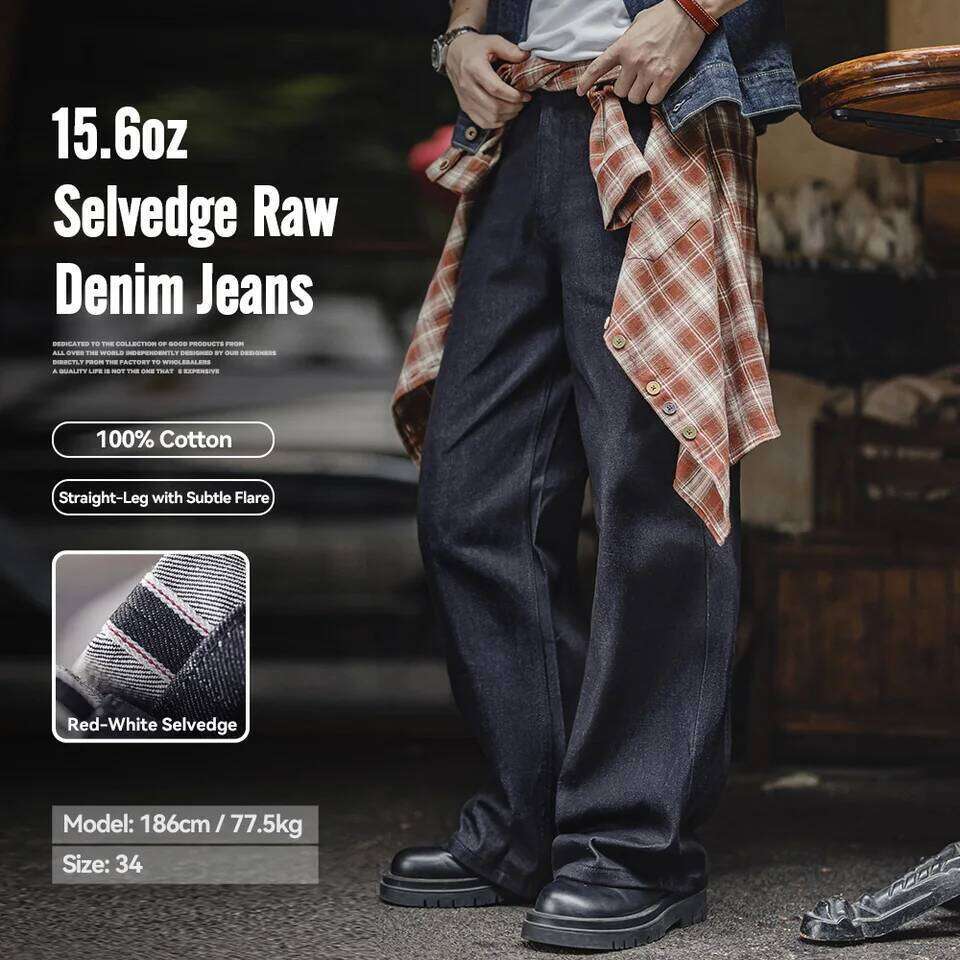 Maden Vintage 15.6oz Selvedge Raw Denim Heavyweight Blue Loose Fit Wide-Leg Jeans Zip Fly Cotton Trousers for Spring Fall 26Y0312