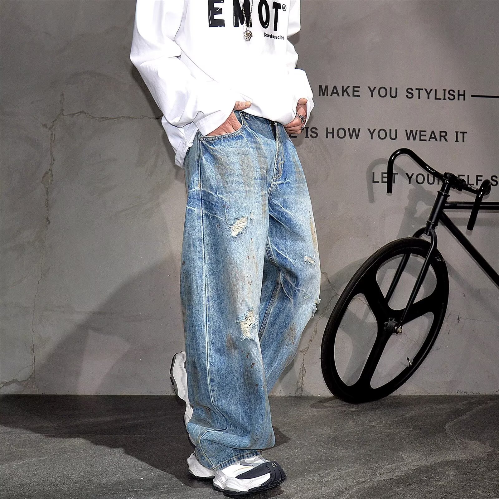 Summer New Trendy Retro High-end Washed Denim Loose Designer Pants Straight-leg Curved-cut Pants For Men