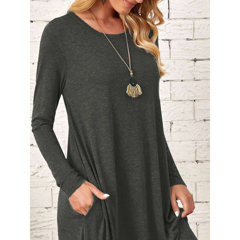 New autumn winter European and American women's solid color casual long-sleeved with curved hem loose dress C260312