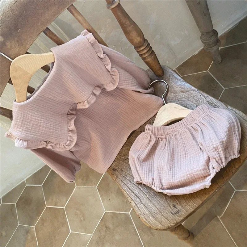 2pcs born Baby Girls Clothes Organic Cotton Ruffled Collar Lapel Long Sleeve Shirt Top Bread Pants Korean Casual Clothing 260311