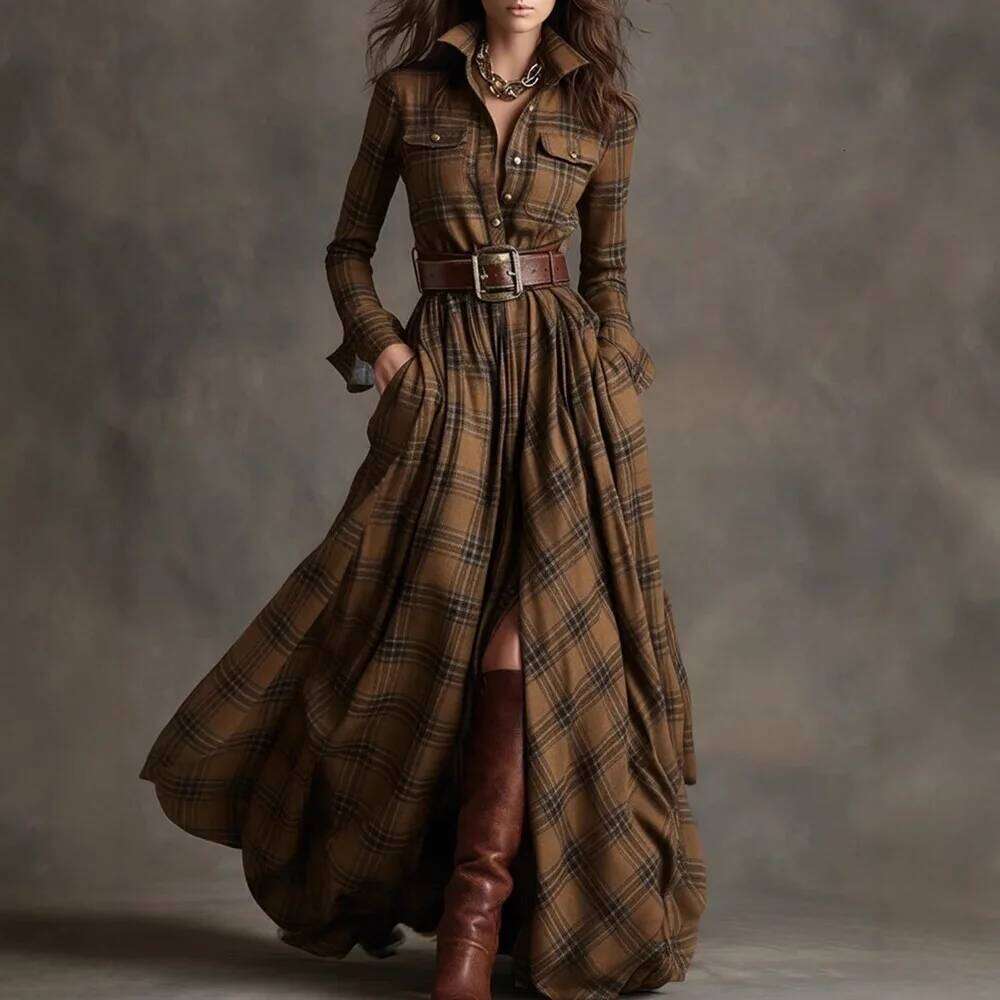 French Women's Plaid Dress Shirt Button Cardigan Lapel Fashion Belt Pocket Irregular Design A-line Long Skirt for Female C260312