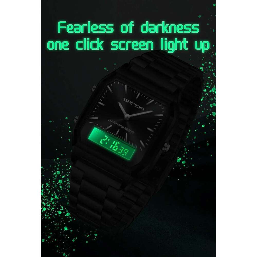 SANDA 747 Men's Quartz Digital Waterproof Casual Fashion Wear-resistant Stainless Steel Couple Strap Square Watch