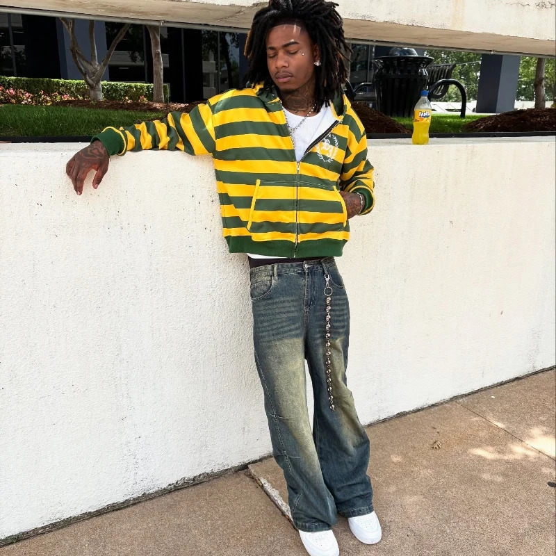 Y2K Street Kid Zip Up Hoodie Stripe Rivet Embroidery Pattern Sweatshirt Men Hip Hop Fashion Streetwear Unisex Boxy Clothing 260311