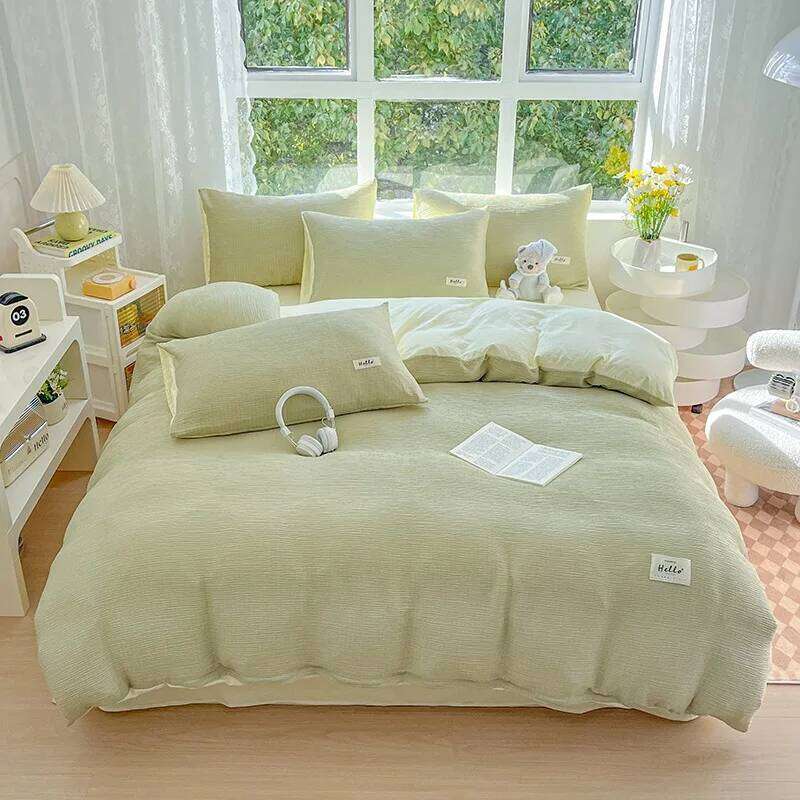 2025 new Zouzou yarn washed cotton color matching bed sheet four-piece set, student dormitory home three-piece set H260312