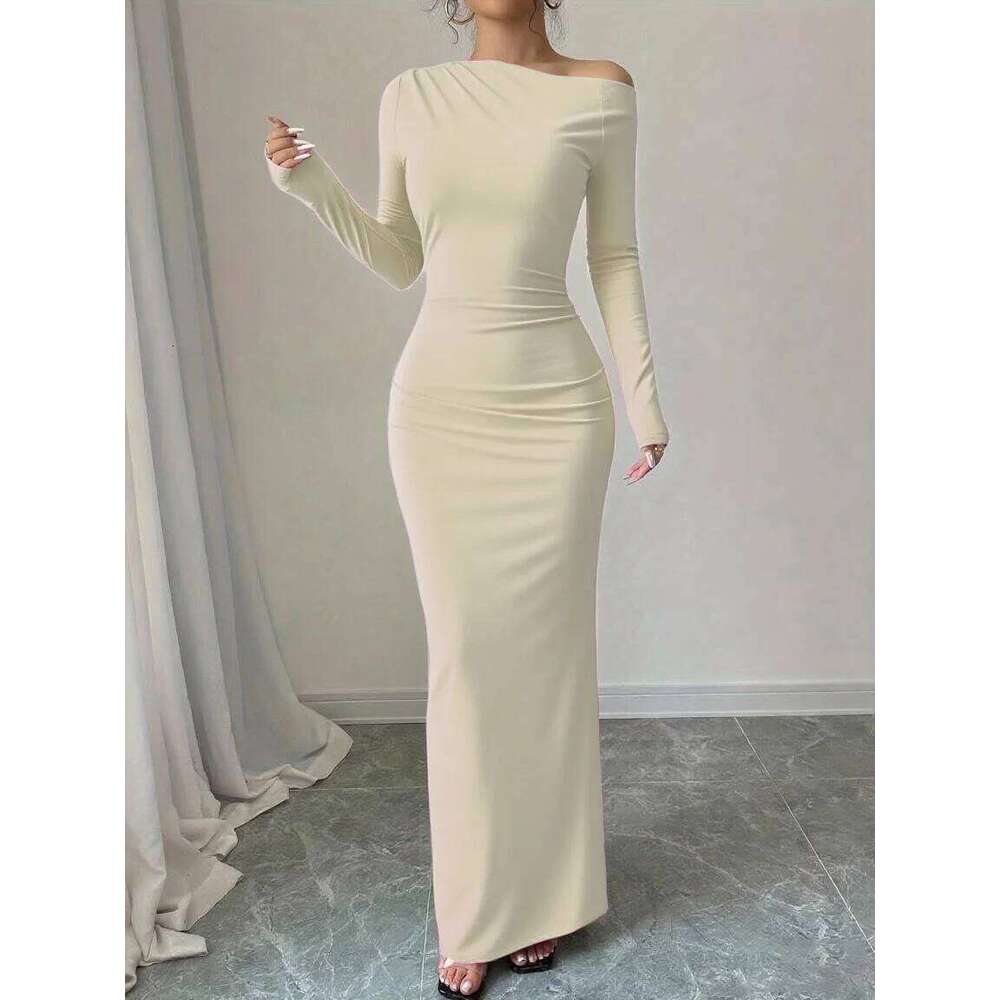 Europe and America 2025 autumn new personality solid color trend temperament high waist long sleeve slim fit hip-hugging dress C260312