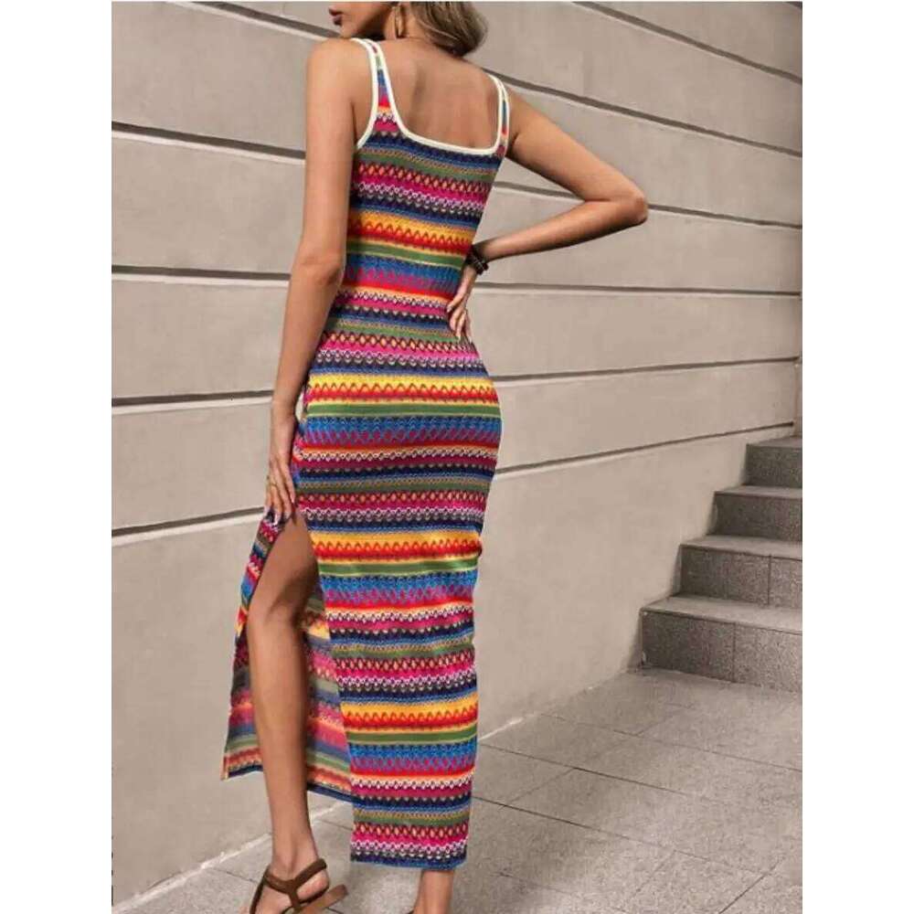 Spring new European and American women's personality street fashion casual stripes sleeveless square collar dress women C260311
