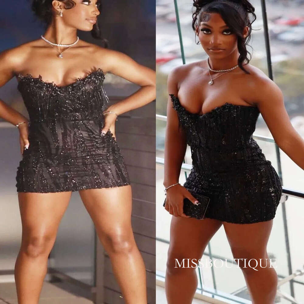 Chic Black Sheath Cocktail Dress Rhinestones Tassels Sequined Short Mini Graduation Homecoming Dresses For Special Occasions Sweetheart Gowns J01 B031