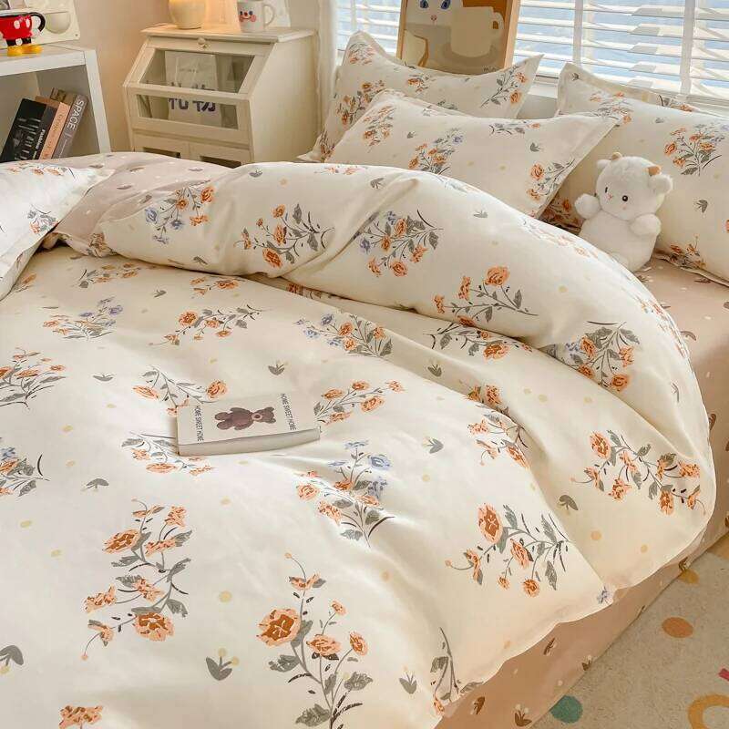 Simple Flower Quilt Cover Bed Sheet Four-piece Washed Cotton Bedding College Dormitory Three-piece Set Warm Home H260312